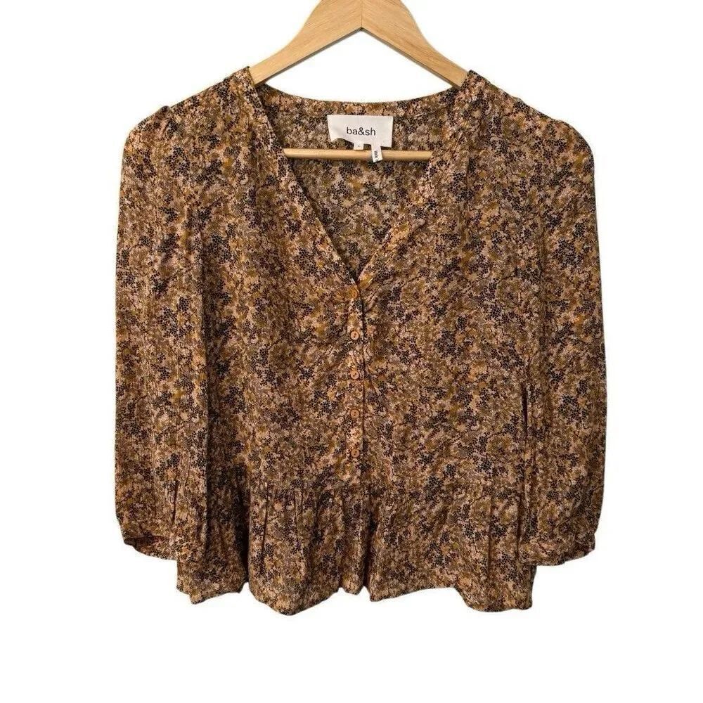 BA&SH "NELLY" BROWN & BLACK DOT PRINT PEPLUM 3/4 SLEEVE BLOUSE SIZE S
